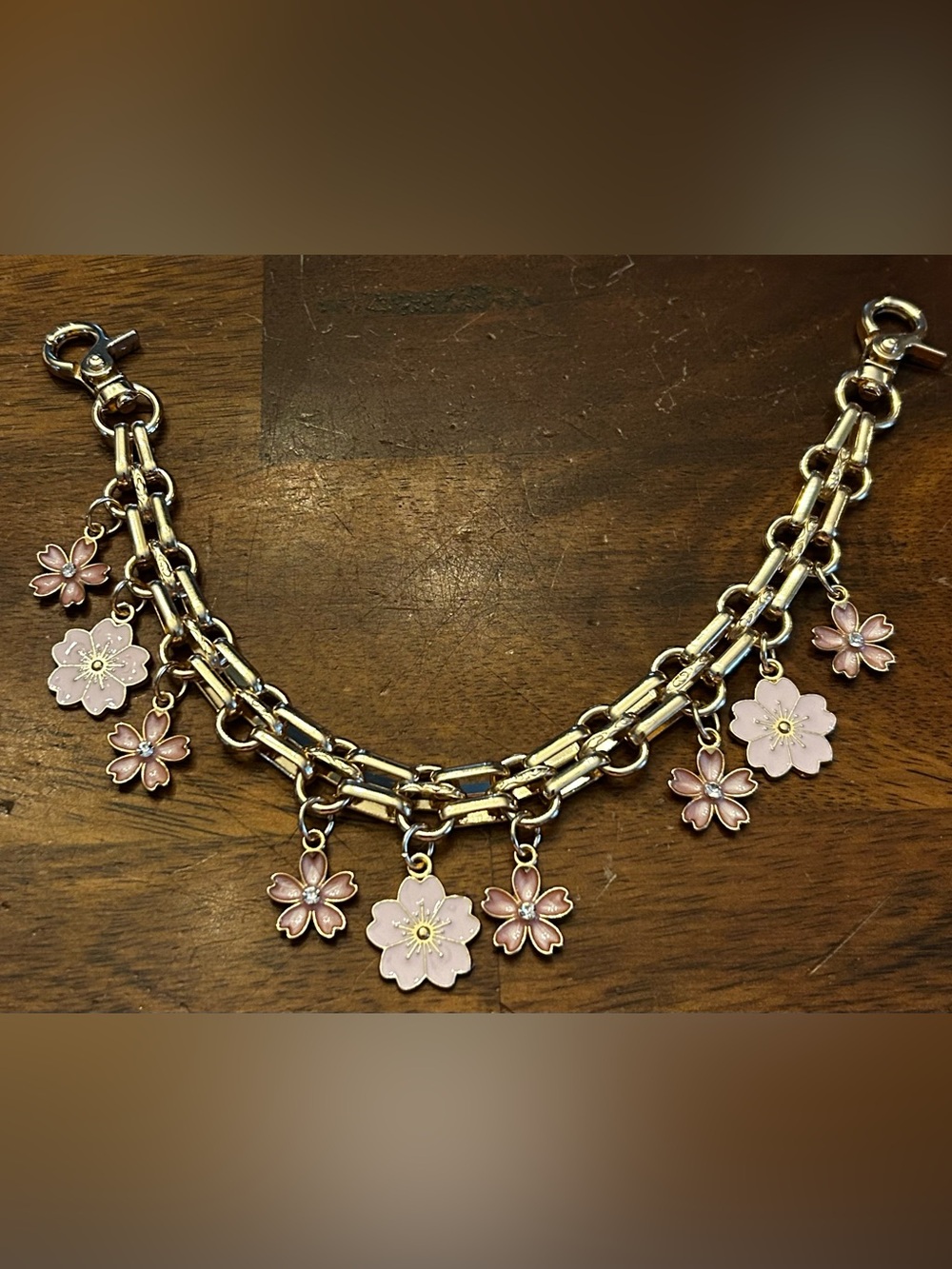 Fashion Jewelry Gold-Tone Purse Chain Bag Necklace with Pink Floral Charms NWOT